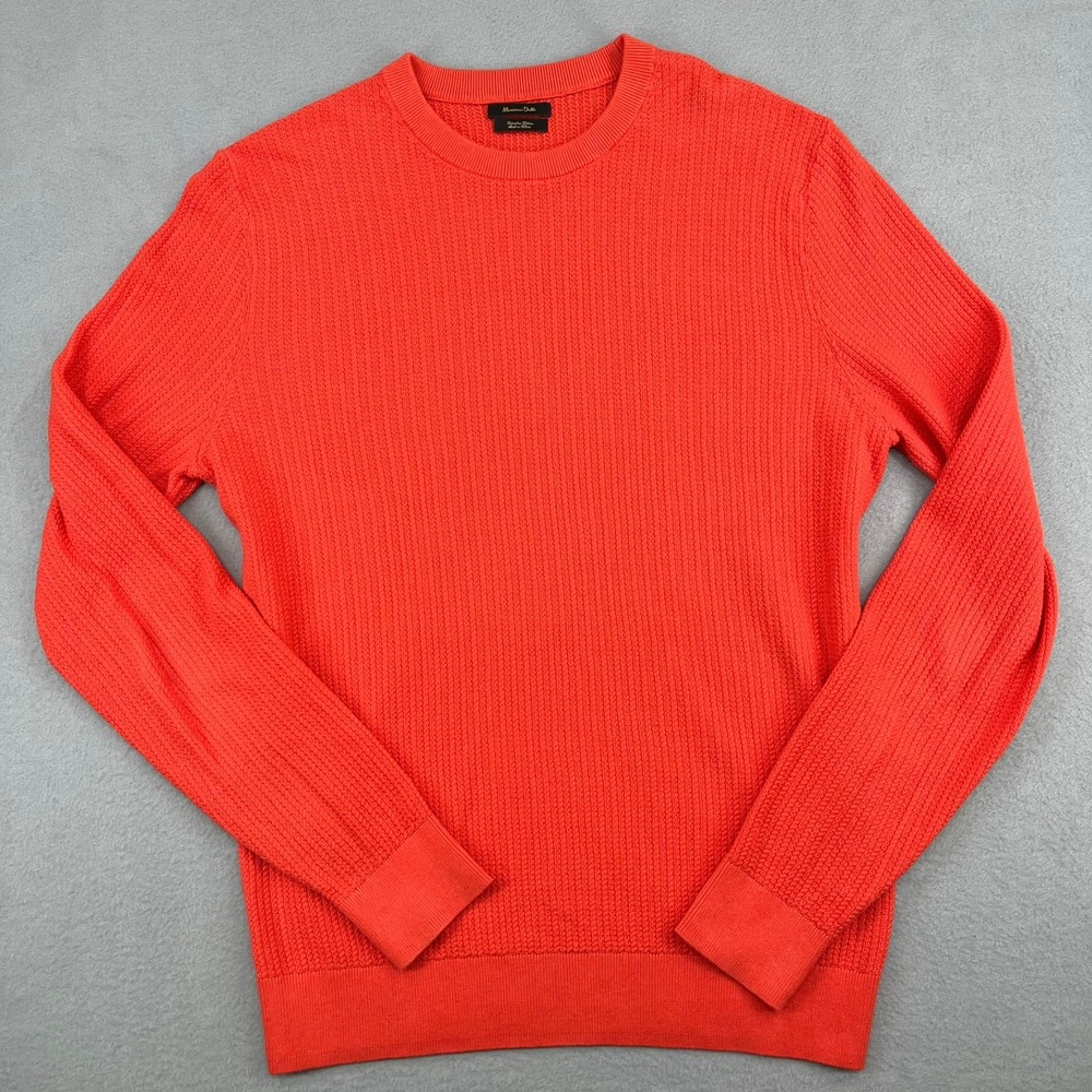 Massimo Dutti Mens Extrafine Cotton Textured Knit Crewneck Sweater Orange Size M